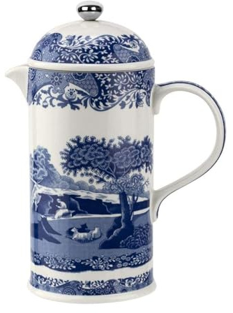 Spode Blue Italian French Press | 28-Ounce Capacity | Espresso, Coffee, and Tea Maker | Porcelain Cafetiere | Stainless Steel Plunger | Dishwasher Safe (Blue/White)