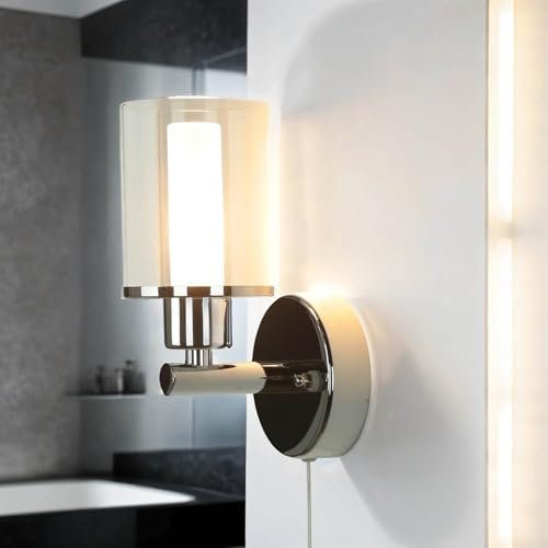 Licht-Erlebnisse Kleine Wandlampe mit Schalter Glasschirm IP44 H:17cm Jugendstil Wandleuchte Badlampe Spiegelleuchte