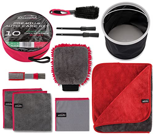 Macchina® Car Cleaning Kit (10 PC) - Complete Wash Tool Set with Wash Mitt, Drying Towel, Microfibre Cloth, Glass Cloth, Wheel Brush, Detailing Brushes, Air Vent Brush, Collapsible Bucket, Storage Bag