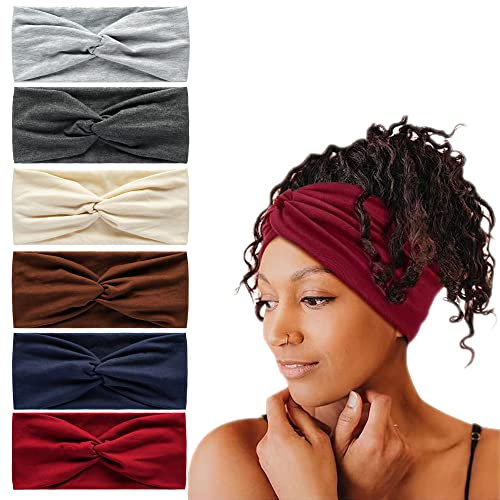 6Stück Bandana Stirnbänder für Frauen breite wellige Kopftuch Boho Kopftücher Wraps Turban Stoff elastische Stirnband Yoga Haarbänder Sport Laufen Kopftücher (Solidcolours)