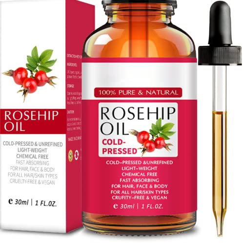 Rosehip Oil For Face - Rosehip Oil Organic For Hair - Cold Pressed & Unrefined - Anti Ageing Nourishes Reduces Fine Lines Scars Stretch Marks And Skin Pigmentations - Suitable For All Skin Types