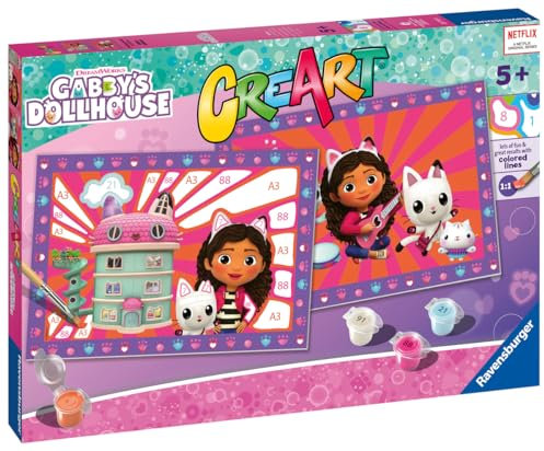 Ravensburger - CreArt Junior Serie: Gabby's Dollhouse, Malset nach Zahlen, enthält zwei vorgedruckte Tabellen, einen Pinsel, Farben, kreatives Spiel für Jungen und Mädchen 5+ Jahre