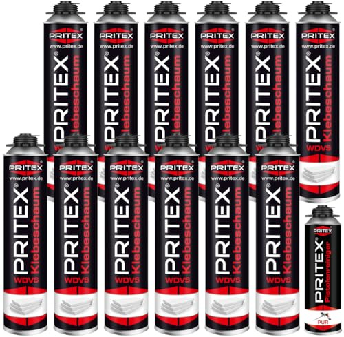PRITEX – WDVS Klebeschaum Set 12 x 750 ml inkl. Reiniger zum Isolieren, Fixieren & Befestigen /// Bauschaum Dämmstoffkleber mit sehr guter Haftung, niedrigem Aushärtedruck & geringer Nachdehnung