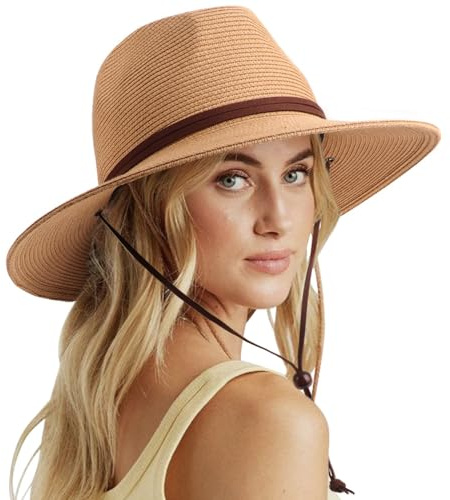 DRESHOW Damen Panama Hut Sommer Breiter Krempe Stroh Fedora Sommerhut Strandhut UV Sonnenhut mit Kinnriemen Verstellbare Strohhut UPF 50 +