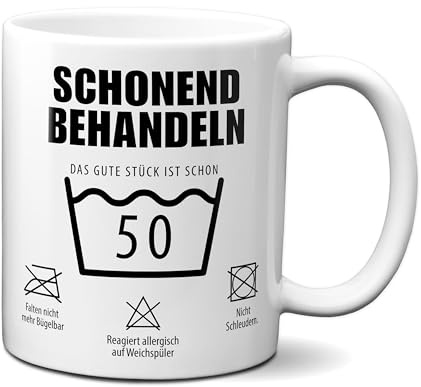 TassenKing Tasse mit Spruch Schonend behandeln Das gute Stück ist schon 50 - Kaffeetasse 50 lustig als Geschenk runder Geburtstag Mann Frau