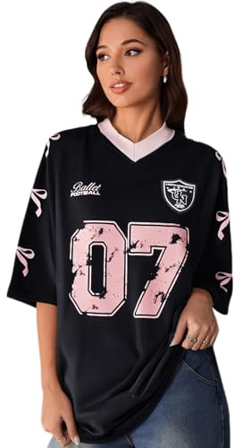 GORGLITTER Women's Letter Graphic Bow Print T Shirts V Neck Half Sleeve Oversized Jersey Shirts Black Medium