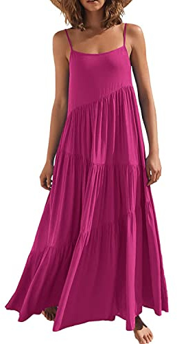 Grecerelle Robe longue d’été élégante pour femme - Légère, fluide et parfaite pour les vacances à la plage, rose rouge, S