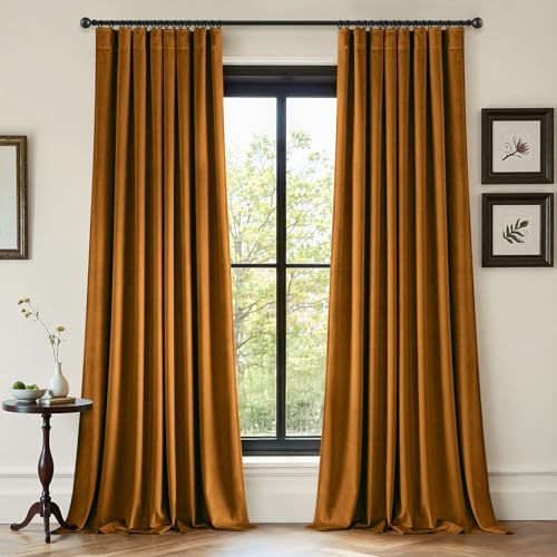 ANRODUO Gold Brown Velvet Curtains 108 Inches Long Blackout Thermal Insulated Soundproof Curtain Privacy Room Darkening Curtains Pinch Pleat Window Drapes for Bedroom Living Room Set of 2