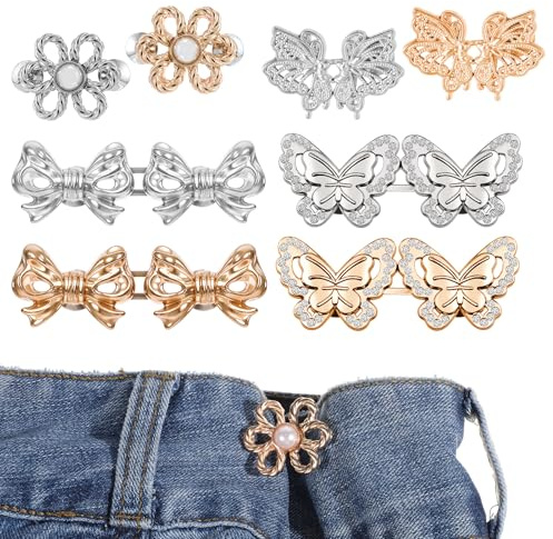 LIQWEI 8 uppsättningar knappar byxor tajt clip, 4 stilar metall byxa midjeband fjärilar justerbar midja knapp byxknappar utan sömmar jeansknappar för kvinnor jeans byxor kjol