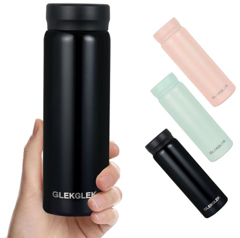 GLEKGLEK Botella Agua Pequeña, Botella Termica 280ml para Bebidas Calientes y Frías, Fácil de Limpiar, Se Adapta al Bolsillo, Bolso, Viaje, Escuela (Negra)