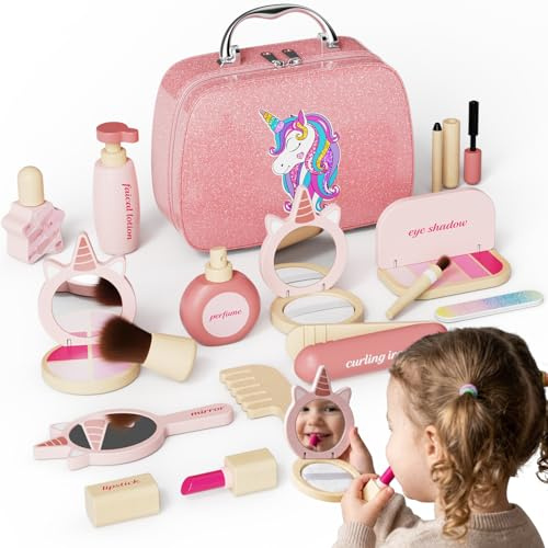 Faux Maquillage Enfant Fille en Bois Jouet Kit Coffret Malette avec Accessoires Coiffeuse, Poudre Jeu de Rôle Éducatif Cadeau Anniversaire Noël Idéal pour Filles de 3 4 5 6 7 8 Ans