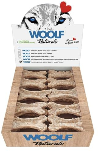 Huesos Perros - Sabor Ternera - Snacks Naturales Digestivos - Dog Treats Salud Digestiva - con Yuca Probióticos Glucosamina Condroitina - Control Peso Articulaciones - Caja 30 Uds - Woolf Naturals