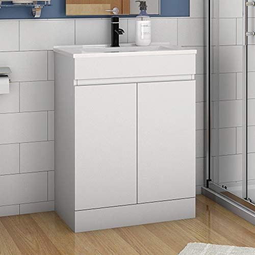Aica Sanitär Badmöbel Set 60 cm Athem Keramik Waschbecken mit Unterschrank Waschtisch Standschrank Weiß