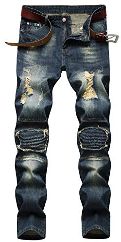 AIYINO Mens Ripped Slim Straight Fit Stretch Biker Jeans Stylish Denim All Waist(32 Dark Blue)