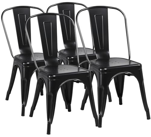Yaheetech Metal Dining Chairs Set of 4, Industrial Stackable Kitchen Chairs with Back for Dining Room/Restaurant/Bistro/Patio, Indoor & Outdoor Use, Matte Black
