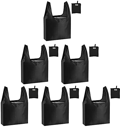 CiCiGo Grands Sacs Réutilisables Shopping Lavables Pliables 6 Packs Sacs d'Epicerie Robustes Légers Pliables Sac Cadeaux Durable Polyester Noir