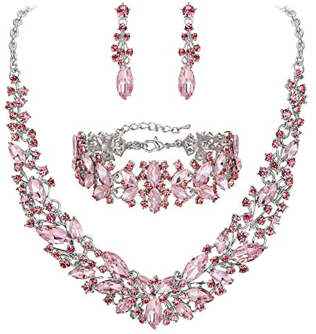 Clearine Hochzeit Braut Halskette Ohrringe und Armband Schmuck Set für Damen Kristall Marquise Cluster Halsband Rose Silber Ton