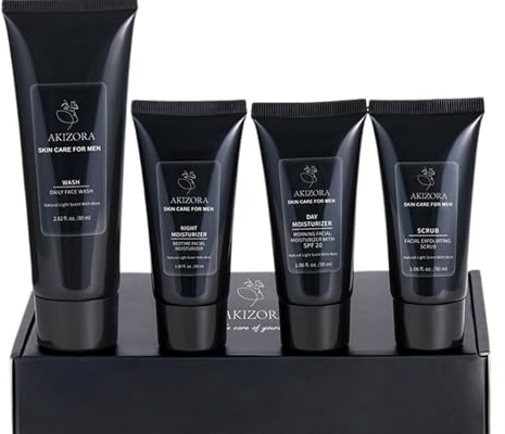 AKIZORA Coffret Soin Visage Homme – Kit 4-en-1 : Gel Nettoyant, Gommage Exfoliant, Crème de Jour SPF20 & Crème de Nuit – Routine Complète pour Peau Propre et Hydratée – Idée Cadeau Homme