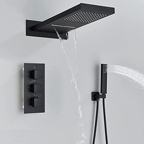 Yalsfowe Sistema doccia a pioggia nero opaco, set rubinetteria termostatica per doccia, soffione rettangolare a cascata con soffione a pioggia con doccetta, set miscelatore doccia a parete