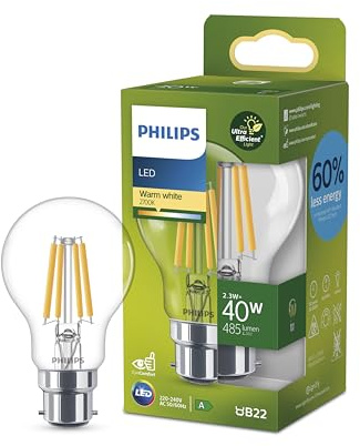Philips Ultra Efficient - Ultra energy saving lights, LED light source, 40W, A60, B22 Warm White 2700 kelvin clear