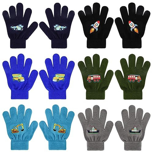 QKURT 6 Paar Kinderhandschuhe für 5-12 Jahre, magische Handschuhe Vollfingerhandschuhe für Kinder, gestrickte Fäustlinge mit Automuster für Jungen und Mädchen für Radfahren Pendeln