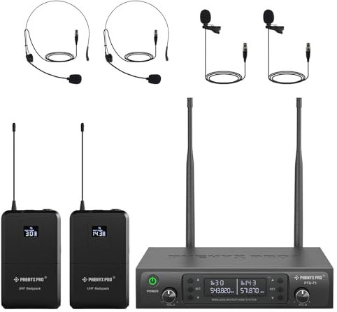 Phenyx Pro Dual Wireless Microphone System w/ 2x100 UHF Frequencies, Auto-Scan Cordless Mic Set, 2 Bodypacks & Headsets/Lapel Microphones for Speaking, Singing, Church, DJ (PTU-71-2B)