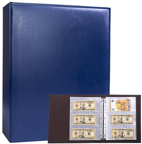 Álbum de 3 Anillas A4 con 30 Paquetes de 180 Bolsillos y Páginas de Recambio, Libro de Recaudación de Euros, Papel Moneda, Divisas y Cupones en Piel de PU