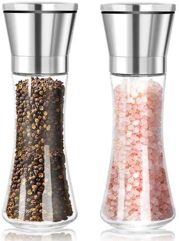 Byitin Moulin a Poivre et Sel Lot de 2, Moulin en Céramique Réglable, Salieres et Poivrieres Manuelle, Moulin à Sel Verre et en Acier Inox Pour la Cuisine (Sans épices)