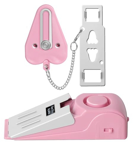 Portable Door Lock & Door Stop Alarm Set, Dual Protection Home Security Door Kit, Travel Hotel Door Lock Devices Pocket Self Defensey Tools for Traveling Hotel Home Apartment,Pink