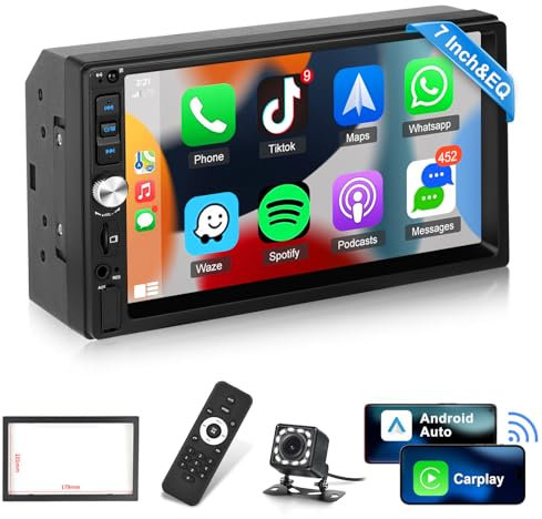 Autoradio 2 Din con Wired Carplay e Android Auto - Radio Touchscreen da 7 Pollici con EQ, Mirror Link, Bluetooth, Radio FM, SWC, Ingresso USB/AUX/SD + Telecamera di Backup