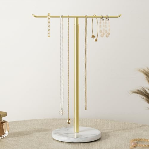 Josmimic Gold Necklace Holder Organizer – Modern Metal Jewellery Tree for Hanging Necklaces and Bracelets – Minimalist Countertop Jewellery Stand, T Shape