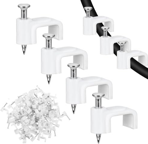 JIEYAO 100 Stück Flache Kabelklemmen Nagelschellen, Kabelklemmen mit Stahlnagel 10 mm Kabelhalter Wand Kabel Befestigungen Cable Clamp Weiß Kabelclips Kabelmanagement für Flachkabel