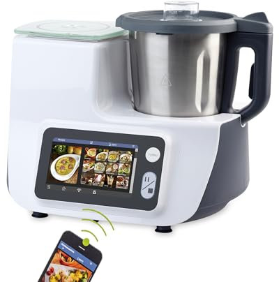 COMV! Multifunktions-Küchenmaschine mit Kochfunktion und WLAN – App-Steuerung | Farbdisplay | vorinstallierte Rezepte | 1200 W | 12 Funktionen | 2,2-Liter-Edelstahl-Mixbehälter | Weiß