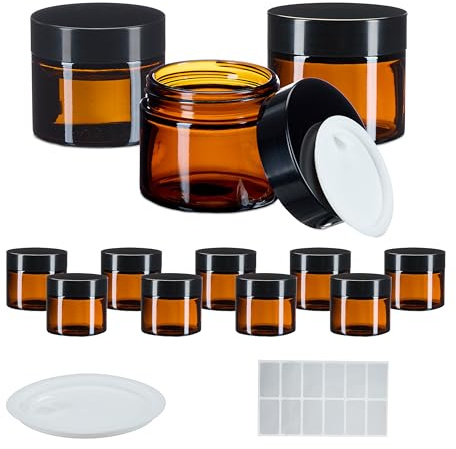 Relaxdays Salvburk, set om 12, 60 ml, brunt glas, degel med skruvlock, täckskivor, etiketter, brun/svart