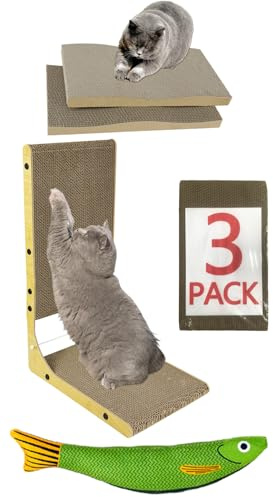 3-Pack WRBTA Cardboard cat Scratcher,L Shape Cat Scratch Pad Wall Mounted, Cat Scratching Cardboard with Ball Toy for Indoor, Cardboard Cat Scratcher with Double-Sided Usability.cat Scratching Post
