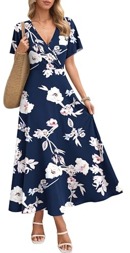 AUSELILY Vestido Elegante para Mujer 2026 - Vestido Maxi de Verano con Mangas Cortas Cuello en V y Bolsillos Ligero y Cómodo para Playa y Vacaciones Flor Zafiro XL