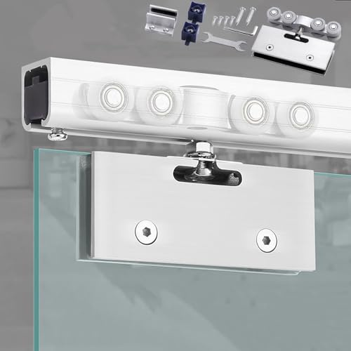 Kit de puerta corredera de cristal, sistema de montaje en techo sin marco para puertas de bolsillo, ideal para baños, balcones, estudios y oficinas en casa