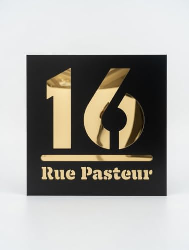 Plaque de numéro de maison personnalisable en acrylique 3D bicolore (noir et doré) avec numéro et nom de rue ou nom de famille. Extérieur. Différentes options de fixation.