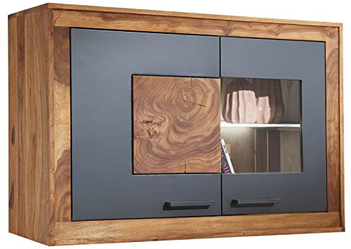 MASSIVMOEBEL24.DE | Hängevitrine Turin | Sheesham/Akazie massiv & MDF | 100x40x69 cm | Wandschrank mit Glas- & Holztür | naturbelassen gebeizt | Modern & montiert | optional mit Beleuchtung