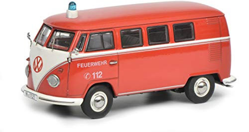 Schuco 450368800 VW T1 Bus Feuerwehr, mit Blaulicht, Modellauto, 1:43, weiß/rot