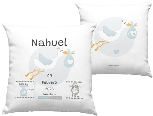 Worfull Regalos Cojín Personalizado Azul Nacimiento de Bebé con Cigüeña 40x40cm. Personaliza Nombre, Peso, Fecha, Altura, Nombre papás. Disponible para Niño y Niña. Funda Lavable. 100% Polyester