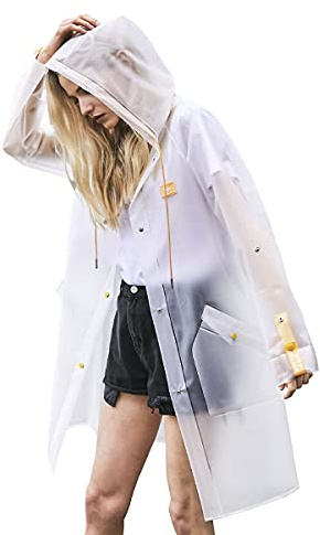 L-Rain Durable TPU Clear Rain Coat for Adults - Women and Men Fashion Hooded Rain Poncho - White M