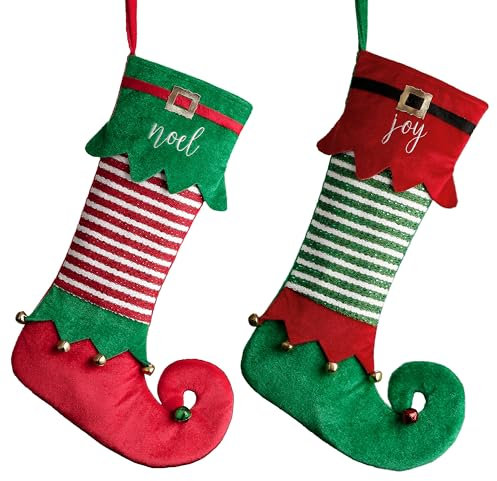 Valery Madelyn Weihnachtsstrumpfe 46cm 2er Set Stoff Nikolausstiefel Weihnachtsdeko Weihnachtssocken zum Befüllen und Aufhängen für Kamin Klassische Serie Thema Rot Grün Weiß