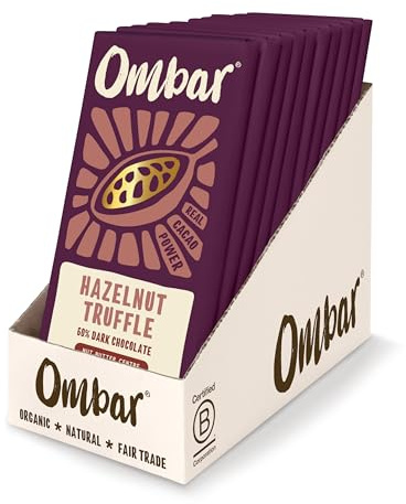 Vegan Chocolate - Ombar Centres Hazelnut Truffle (70g x 10 Bars) Organic Fair Trade, Dairy and Gluten Free Chocolate