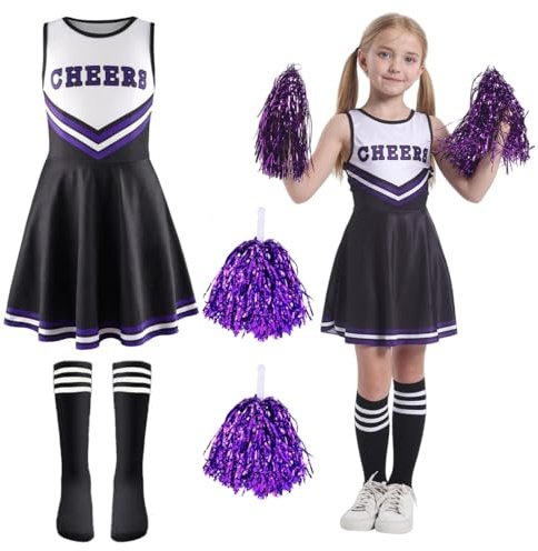 Aurasky Cheerleader Costume per Niñas, Vestito Cheerleader con Calzini e Pon Pon, Costume da Cheerleader per Ragazzine, Uniforme da Cheerleader Bambini Regalo per Carnevale Halloween Cosplay Festa
