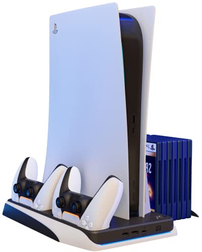 Q-View PlayStation 5 Vertical Stand, 4 in 1 Docking Station, Controller Charger, Cooling Fan and Games Storage Tray for PS5 Console, Disk and Digital Version PlayStation 5 Compatible (White/Black)