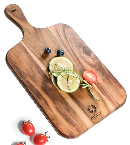 Acacia Wood Cutting Board - Wooden Kitchen Cutting Board for Meat, Cheese, Bread, Vegetables &Fruits-Charcuterie Board Cheese Serving Board with Handle,14”x7”