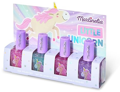 Martinelia Enhörning barn manikyrset - set med 4 glitter nagellack - rosa, lila och blå vattenbaserat nagellack för barn - vattenbaserad barnlack för glittrande naglar