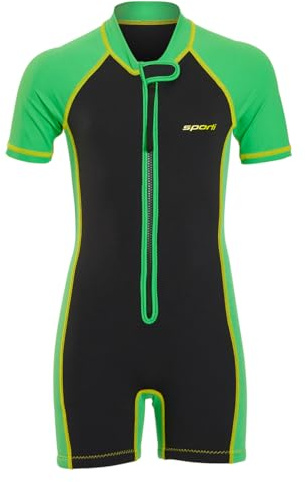 Sporti Kids Full Wetsuits - Seaskin Wetsuit for Boys Girls - Neoprene Thermal Swimsuits for Swim Practice - Short Sleeve Thermal Swimsuit - UPF 50 Minnow Short Sleeve - Black/Green Gecko - 2T