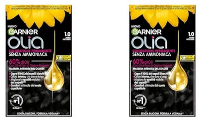 Garnier Olia Midnight Tinta Capelli, Colorazione Permanente Senza Ammoniaca, Copre il 100% dei Capelli Bianchi, Con Oli di Fiore di Origine Naturale, Formula Vegana, Nero Intenso (Confezione da 2)